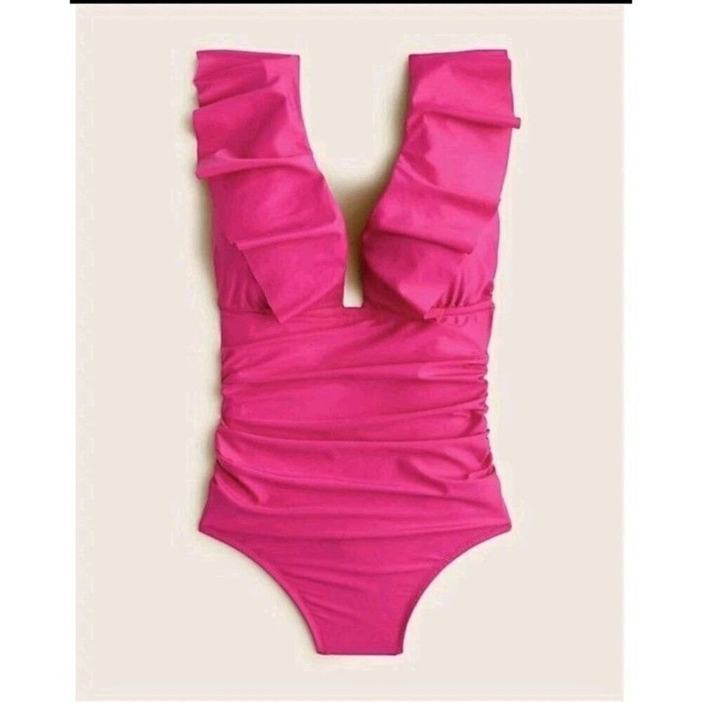 J. Crew Pink Fushia One Piece Swim Suit Ruched Ruffle V Neck Women's 14 (860)